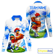Load image into Gallery viewer, Women's funny rooster golfer golf polo shirt mockup blue splatter golf apparel