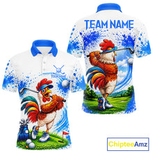 Load image into Gallery viewer, Men's funny rooster golfer golf polo shirt mockup blue splatter golf apparel