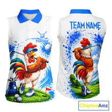 Load image into Gallery viewer, Women's funny rooster golfer golf sleeveless polo shirt mockup blue splatter golf apparel