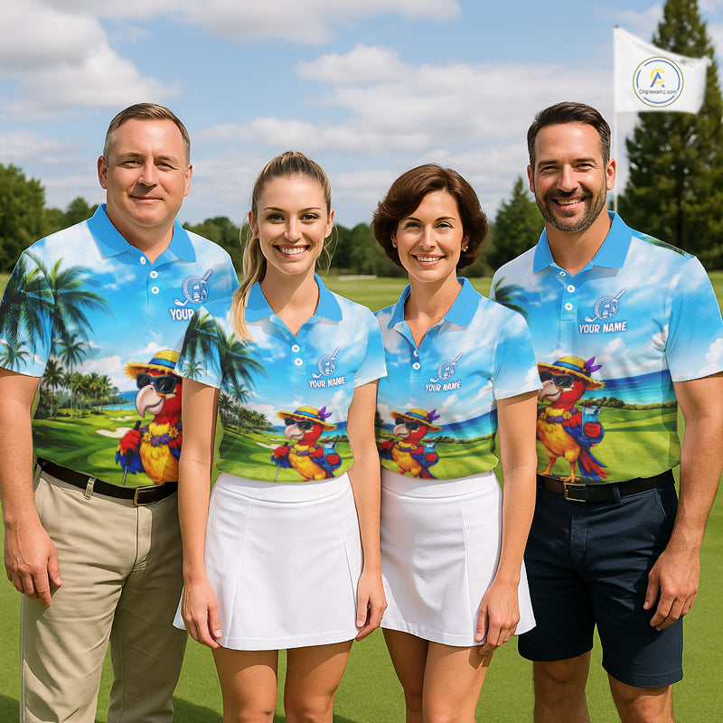 Men's golf team wearing tropical parrot golf polo shirts matching team apparel