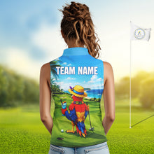 Load image into Gallery viewer, Woman wearing tropical parrot golf sleeveless polo shirt during summer golf outing