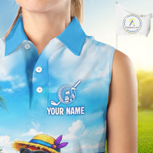 Load image into Gallery viewer, Woman wearing tropical parrot golf sleeveless polo shirt during summer golf outing