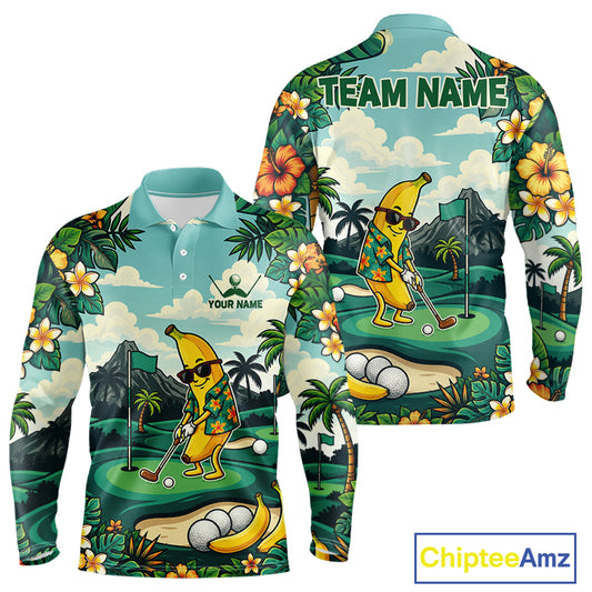 Men's funny banana golfer golf polo shirt mockup monstera tropical golf apparel