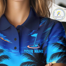 Load image into Gallery viewer, Woman wearing tropical sunset palm tree golf polo shirt during golf outing