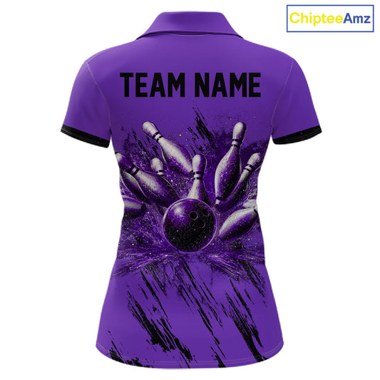 Woman wearing Retro Purple Argyle Bowling Polo Shirt with vintage argyle pattern, personalized bowling team apparel, retro bowling fashion, custom tournament polo, athletic performance clothing.