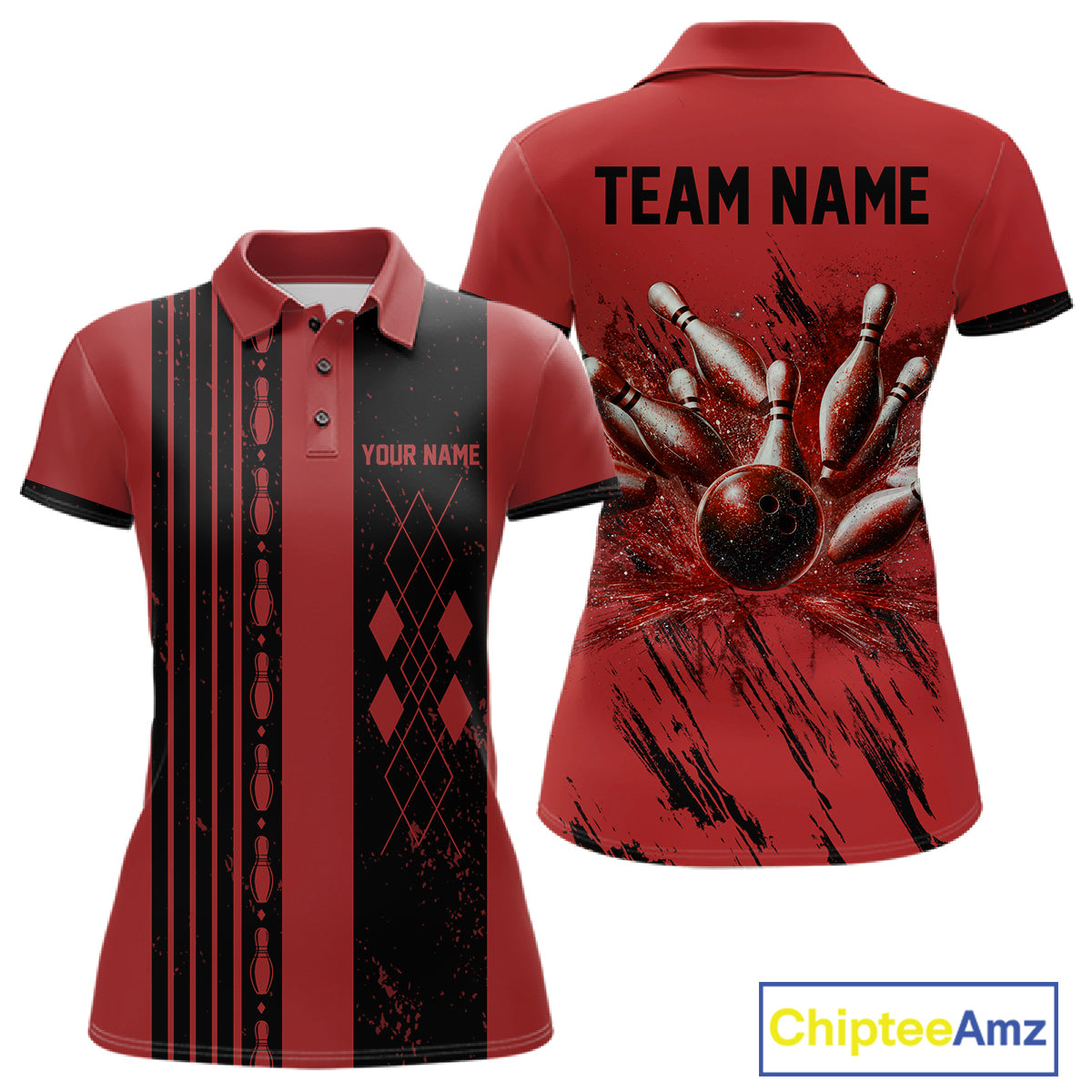 Woman wearing Retro Red Argyle Bowling Polo Shirt featuring classic red argyle pattern, custom bowling team polo, vintage tournament apparel, breathable performance fabric.