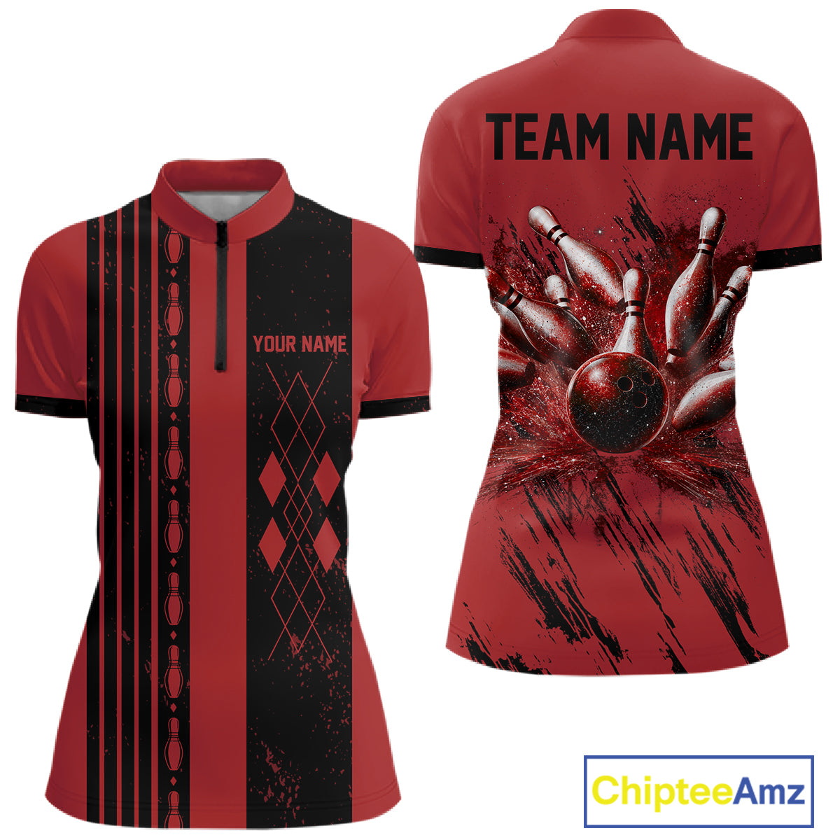 Woman wearing Retro Red Argyle Quarter-Zip Bowling Shirt featuring custom personalization, vintage bowling jersey, quick-dry athletic apparel.