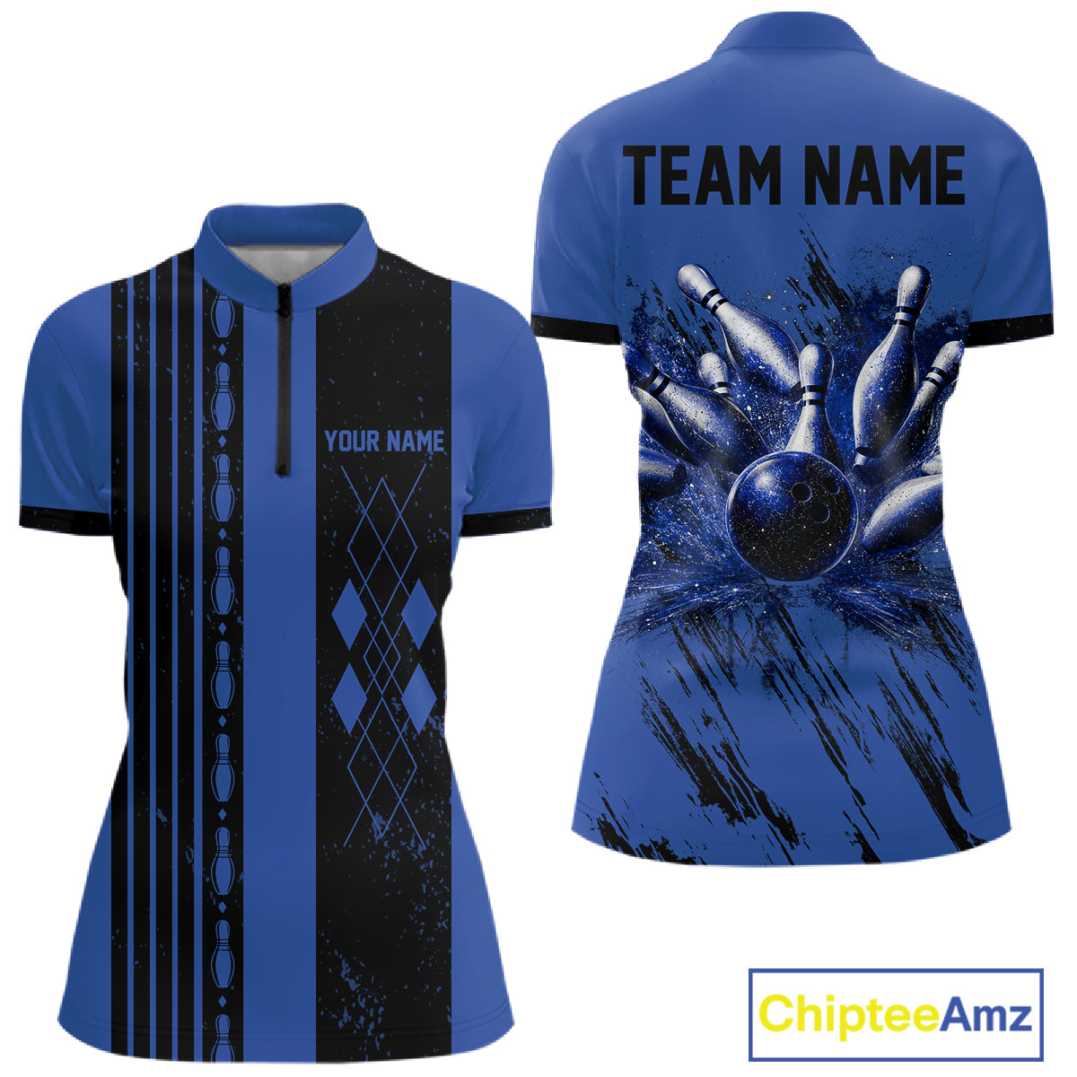 Woman wearing Retro Blue Argyle Quarter-Zip Bowling Shirt, custom team apparel, retro athletic bowling jersey, moisture-wicking performance fabric.