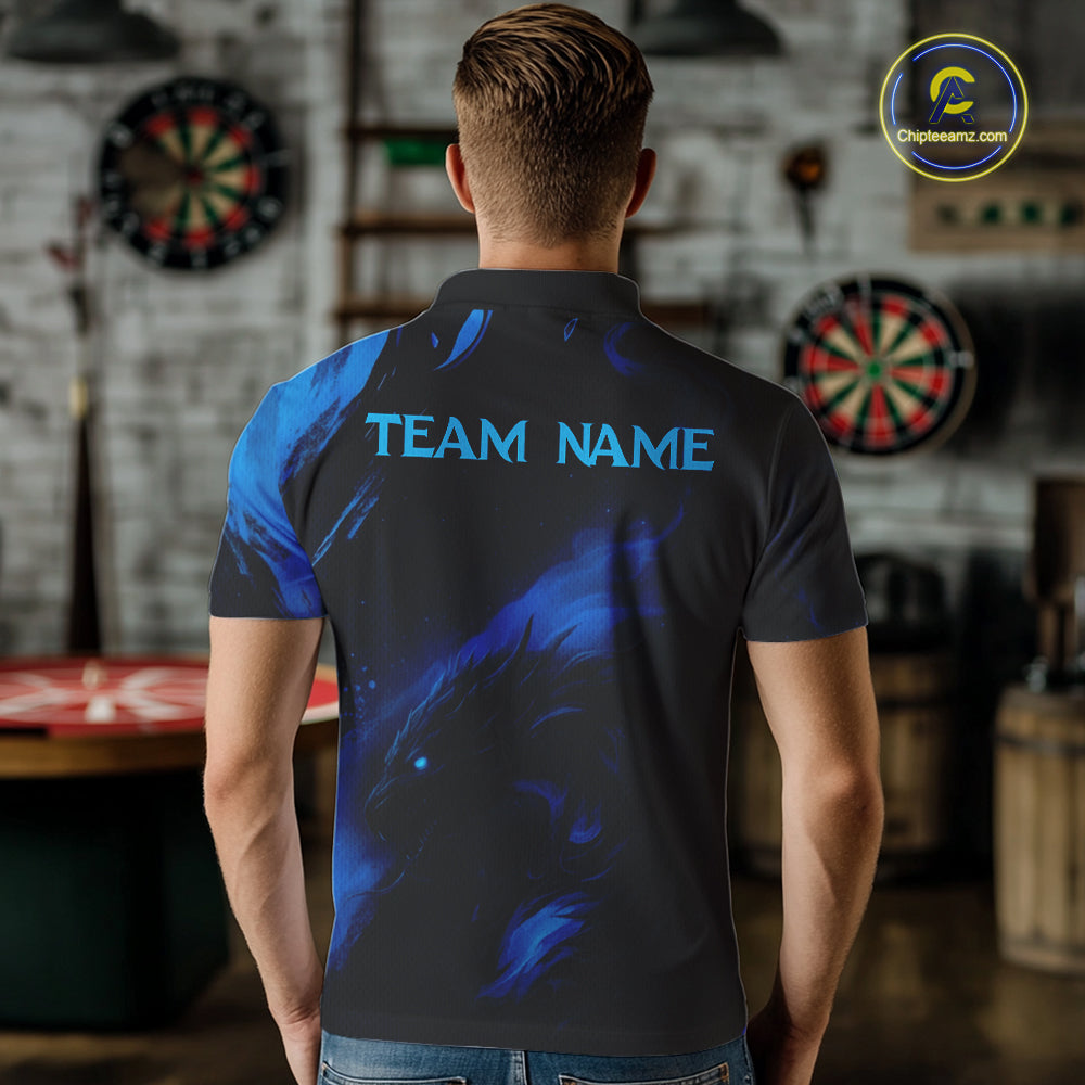 Personalized Black And Blue Flames Dragon Dart Polo Shirts For Men Dart Team Jerseys NYN2188