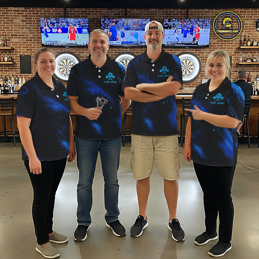 Personalized Black And Blue Flames Dragon Dart Polo Shirts For Men Dart Team Jerseys NYN2188