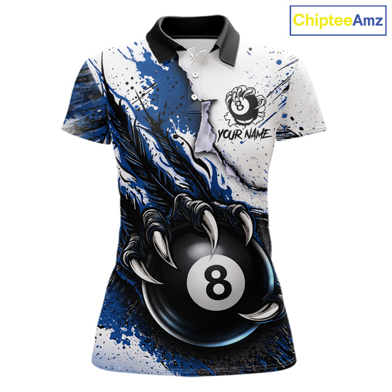 White And Blue Claws 8 Ball Billiard Pool Shirt For Women Custom Billiard Attire Team Jersey NYN3064