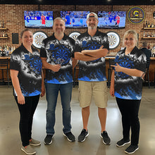 Load image into Gallery viewer, Mens dart team wearing white blue black grunge butterfly dart jerseys tournament apparel