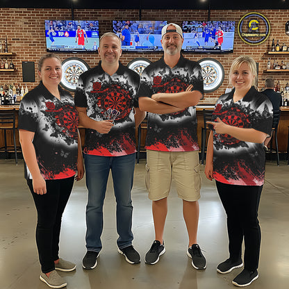 Men's dart team wearing white red black grunge butterfly dart jerseys tournament apparel