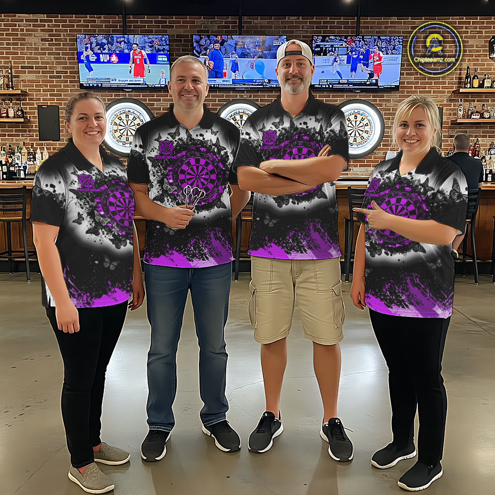 Men's dart team wearing white purple black grunge butterfly dart jerseys tournament apparel