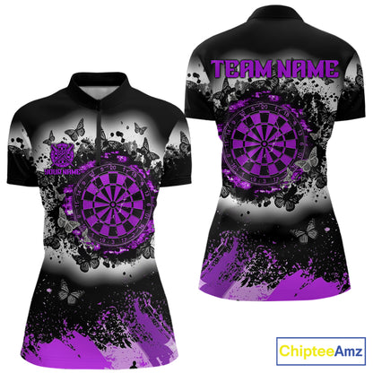 Women's white purple black grunge butterfly dart quarter zip shirt mockup custom dart team apparel