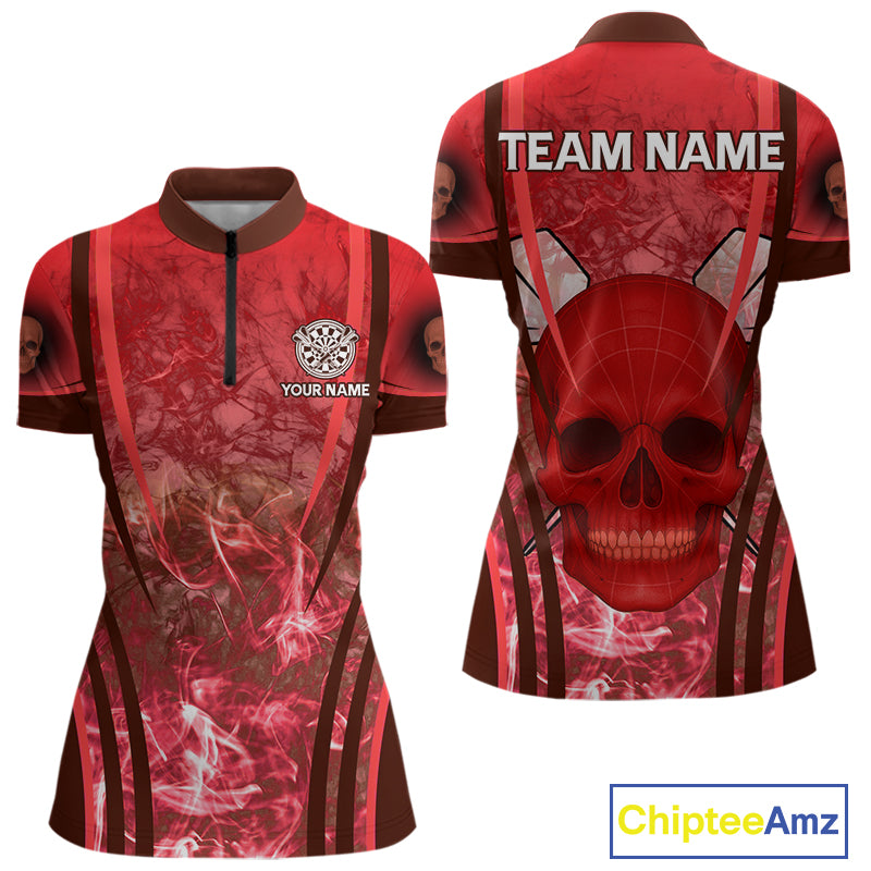 Red Skull & Flame Darts Women's Darts Quarter-Zip Shirt Custom Name For Players NYN0751
