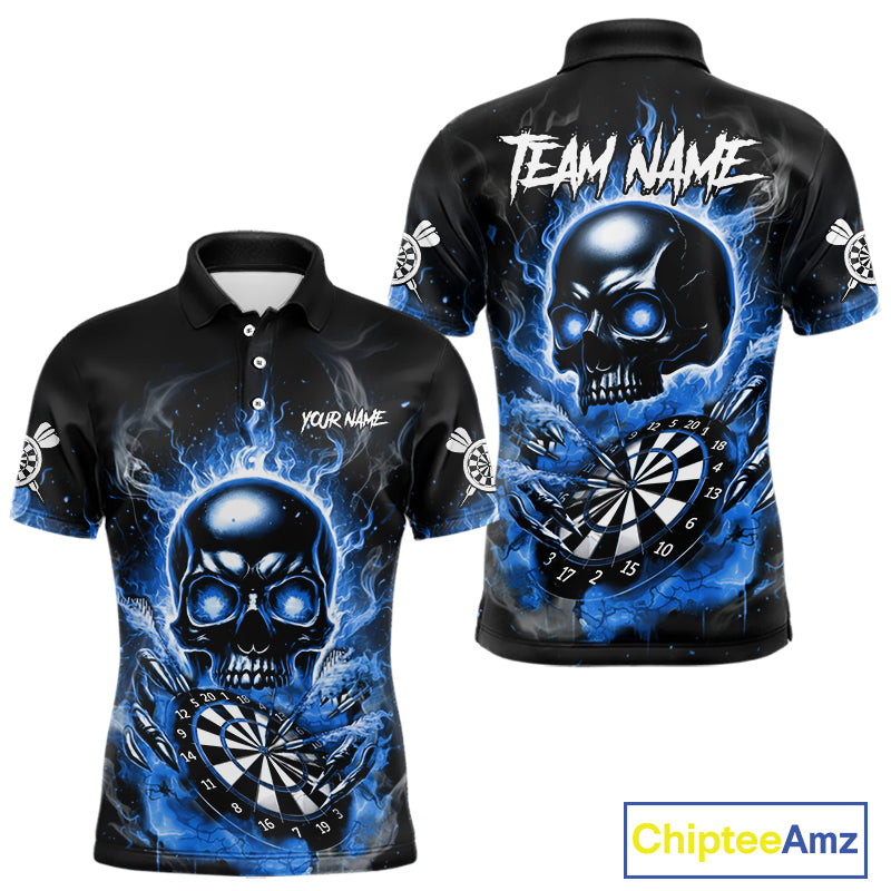 Custom Fire Flame Dartboard Lightning Blue Skull Dart Men Polo Jerseys Dart Team Shirt NYN1674