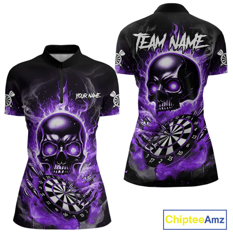 Custom Fire Flame Dartboard Lightning Purple Skull Dart Women Quarter-Zip Jerseys Dart Team Shirt NYN1675