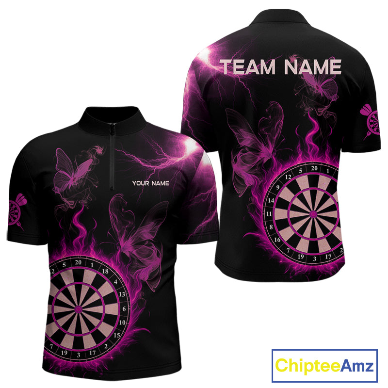 Custom Pink Smokes Butterfly Flame Dartboard Dart Men Quarter-Zip Jerseys Dart Team Shirt NYN1676