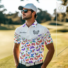Load image into Gallery viewer, Butterfly Mens White Pattern Golf Polo Shirt Custom Name Floral Colorful Watercolor Golf Shirts NYN2846