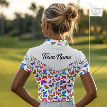 Load image into Gallery viewer, Butterfly Womens White Pattern Golf Polo Shirt Custom Name Floral Colorful Watercolor Golf Shirts NYN2846