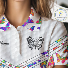 Load image into Gallery viewer, Butterfly Womens White Pattern Golf Polo Shirt Custom Name Floral Colorful Watercolor Golf Shirts NYN2846