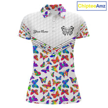 Load image into Gallery viewer, Butterfly Womens White Pattern Golf Polo Shirt Custom Name Floral Colorful Watercolor Golf Shirts NYN2846