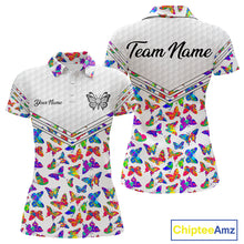 Load image into Gallery viewer, Butterfly Womens White Pattern Golf Polo Shirt Custom Name Floral Colorful Watercolor Golf Shirts NYN2846