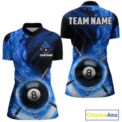 Personalized Blue 8 Ball Fire Flame Billiard Polo & 1/4-Zip For Women 8 Ball Pool Team Jersey NYN2847