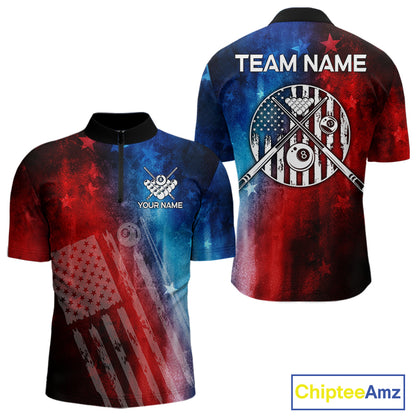 Red - Blue Grunge American Flag Billiard Pool Shirt For Men Personalized Patriot Billiard Team Attire NYN3219