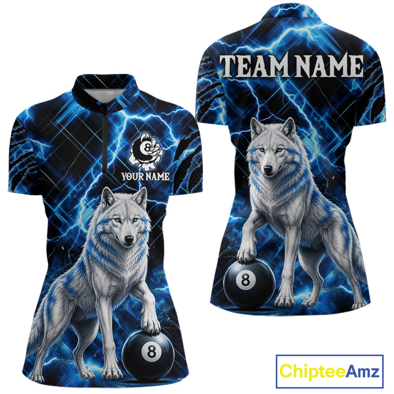 Custom Funny Wolf 8 Ball Billiard Shirt For Women Thunder Lightning Billiard Pool Team Jersey | Blue NYN3222