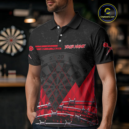 Barbed Wire & Grunge Dartboard Red Darts Shirt  For Men - Custom Name For Players NYN0548