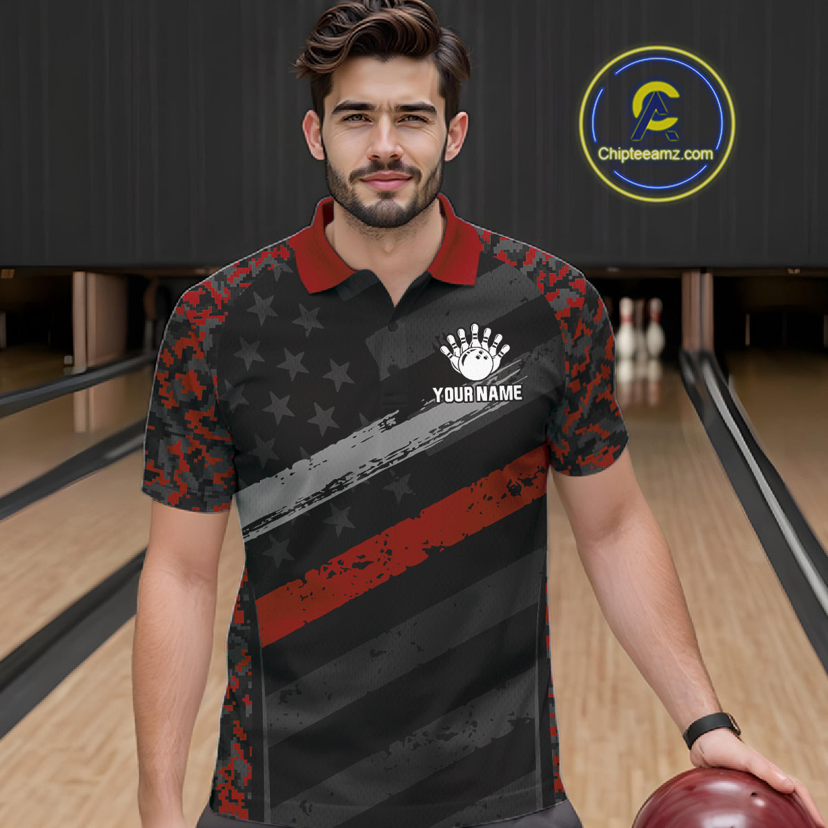 Black And Red Digital Camo Bowling Shirt For Men Custom USA Flag Patriot Bowling Team Shirt NYN4093