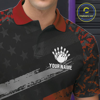 Black And Red Digital Camo Bowling Shirt For Men Custom USA Flag Patriot Bowling Team Shirt NYN4093