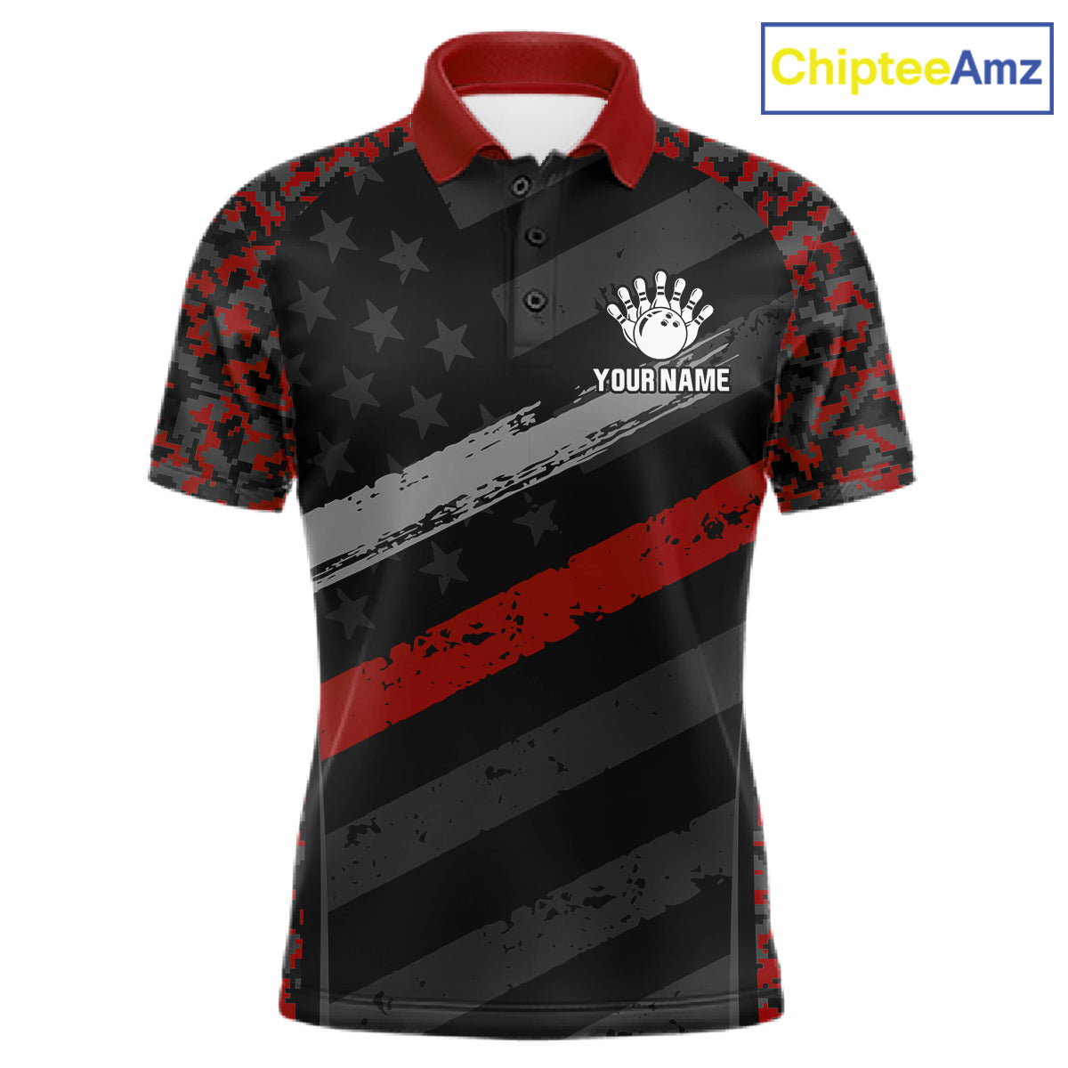 Black And Red Digital Camo Bowling Shirt For Men Custom USA Flag Patriot Bowling Team Shirt NYN4093