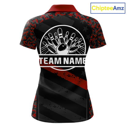 Black And Red Digital Camo Bowling Shirt For Women Custom USA Flag Patriot Bowling Team Shirt NYN4093