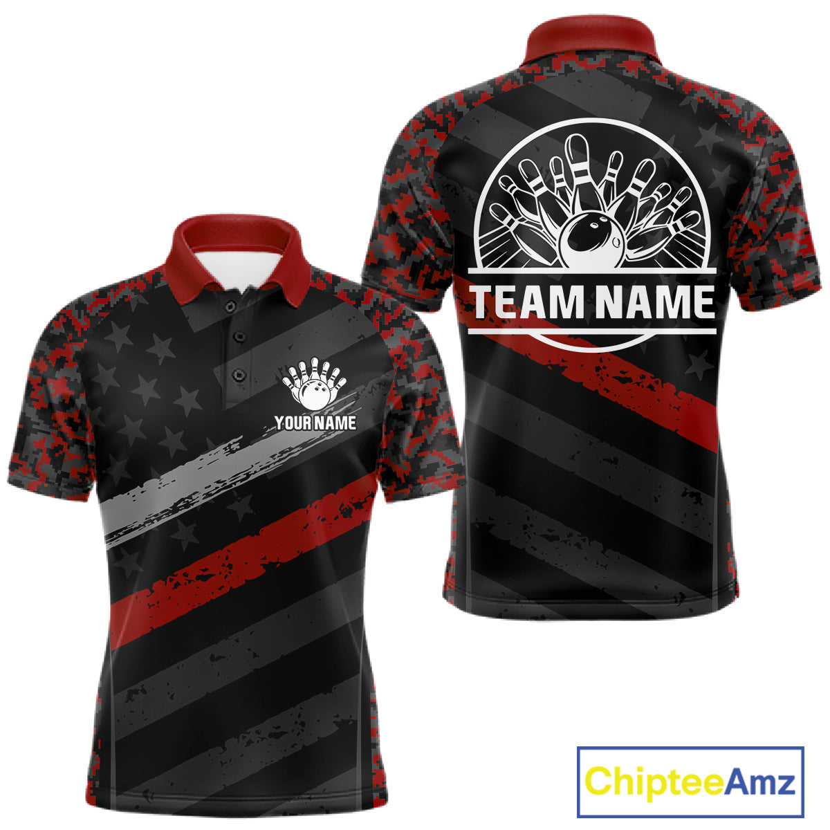 Black And Red Digital Camo Bowling Shirt For Men Custom USA Flag Patriot Bowling Team Shirt NYN4093
