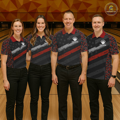 Black And Red Digital Camo Bowling Shirt For Men Custom USA Flag Patriot Bowling Team Shirt NYN4093