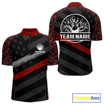 Black And Red Digital Camo Bowling Shirt For Men Custom USA Flag Patriot Bowling Team Shirt NYN4093