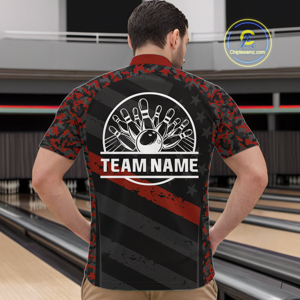 Black And Red Digital Camo Bowling Shirt For Men Custom USA Flag Patriot Bowling Team Shirt NYN4093