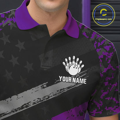 Black And Purple Digital Camo Bowling Shirt For Men Custom USA Flag Patriot Bowling Team Shirt NYN4094
