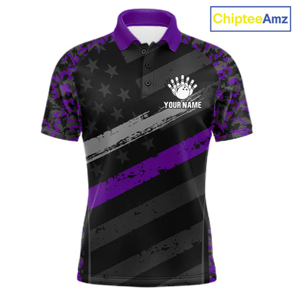 Black And Purple Digital Camo Bowling Shirt For Men Custom USA Flag Patriot Bowling Team Shirt NYN4094