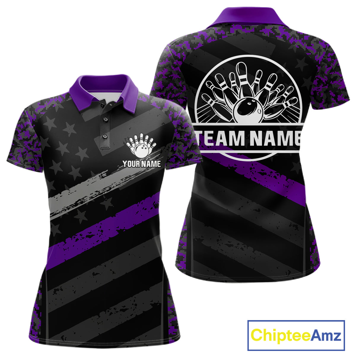 Black And Purple Digital Camo Bowling Shirt Women Men Custom USA Flag Patriot Bowling Team Shirt NYN4094