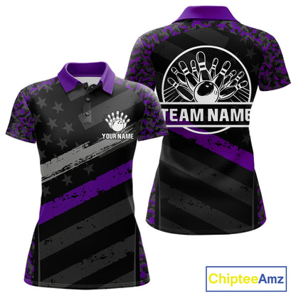 Black And Purple Digital Camo Bowling Shirt Women Men Custom USA Flag Patriot Bowling Team Shirt NYN4094