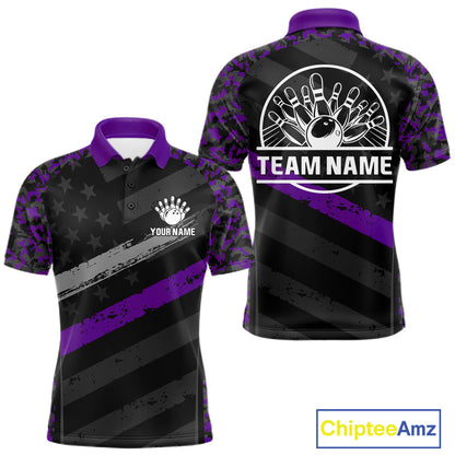 Black And Purple Digital Camo Bowling Shirt For Men Custom USA Flag Patriot Bowling Team Shirt NYN4094