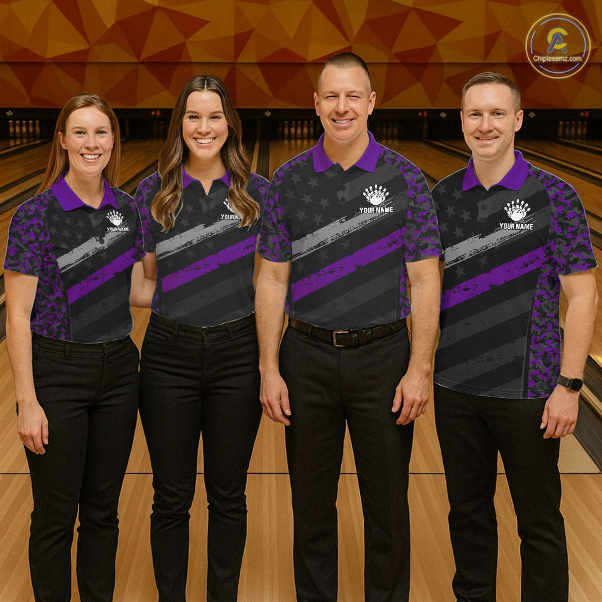 Black And Purple Digital Camo Bowling Shirt For Men Custom USA Flag Patriot Bowling Team Shirt NYN4094