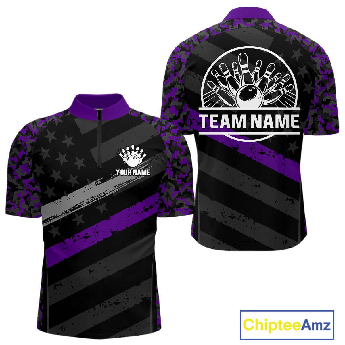 Black And Purple Digital Camo Bowling Shirt For Men Custom USA Flag Patriot Bowling Team Shirt NYN4094