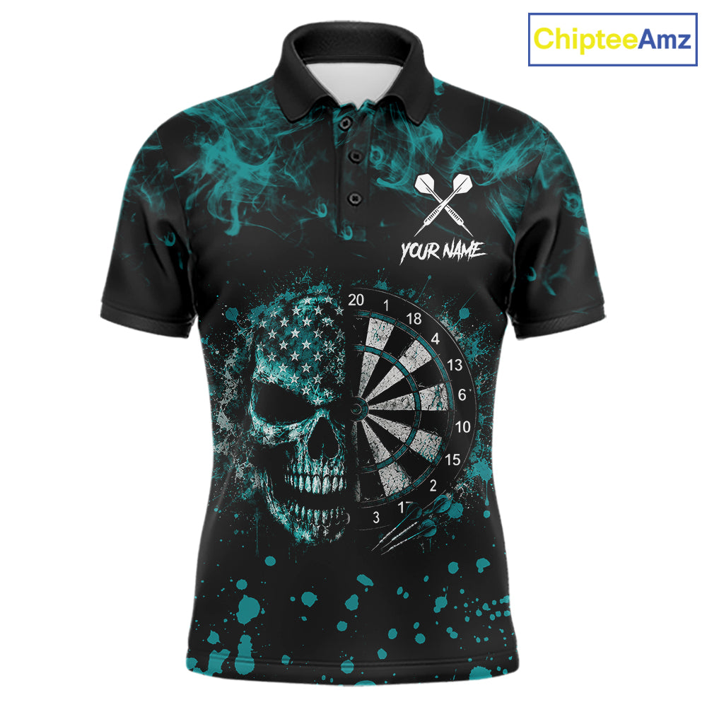 Teal Splatter Skull Darts Polo Quarter Zip Shirt For Men Custom Smoke Skull Dart Team Dart Jersey NYN4097