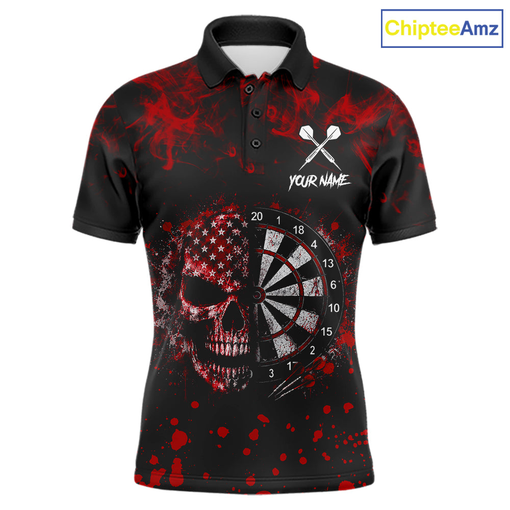 Red Splatter Skull Darts Polo Quarter Zip Shirt For Men Custom Smoke Skull Dart Team Dart Jersey NYN4098