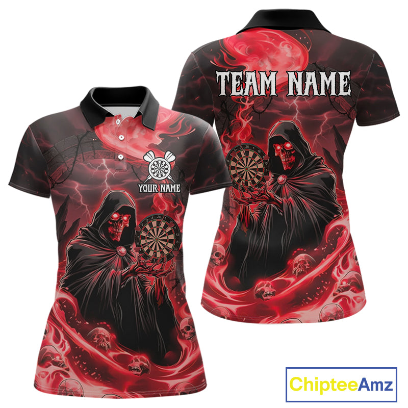 Custom Red Grim Reaper Fire Flames Dart Women Polo Jerseys Outfits Skull Dart Shirt NYN1682
